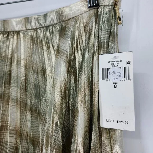 LAUREN Ralph Lauren Women's Plaid Pleated Metallic Georgette Skirt Cream Size 8 - Picture 5 of 6